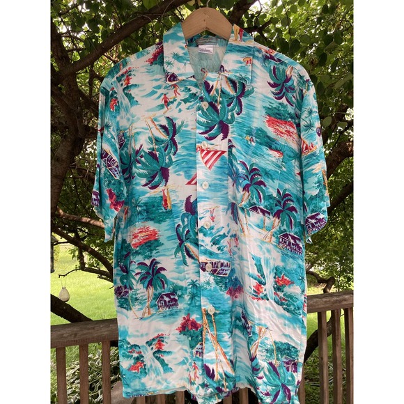 Size L Blue Rayon Hawaiian Aloha Shirt Vintage 90s - Picture 1 of 5